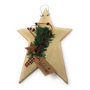 Wooden Star Shaped Hanging Welcome Sign With Greenery & Berries For Home Decor &